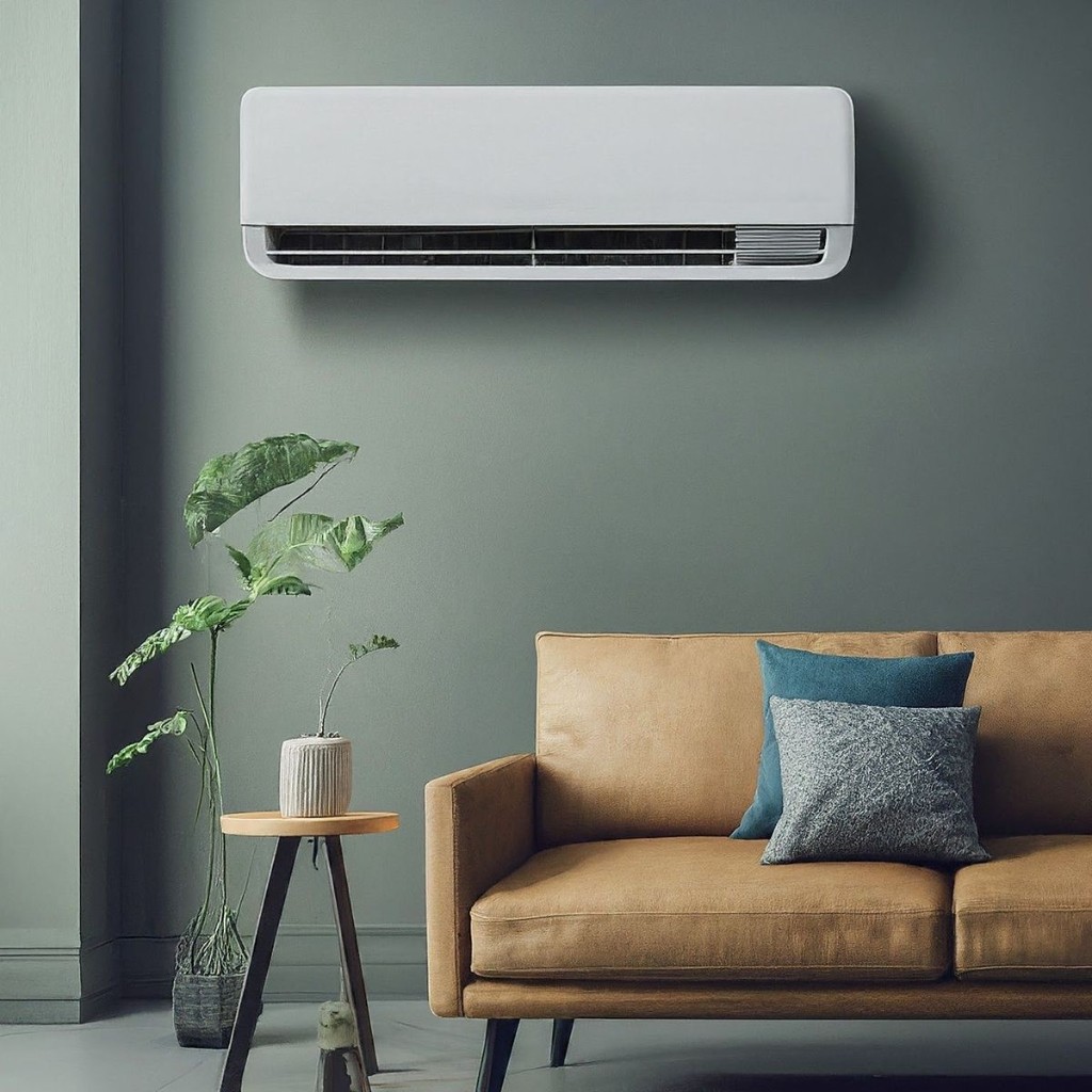 Modern mini split above sofa interior